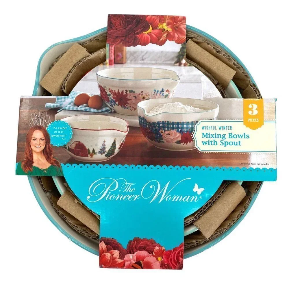 Pioneer Woman Wishful Winter Mixing Bowls With Spout Set New